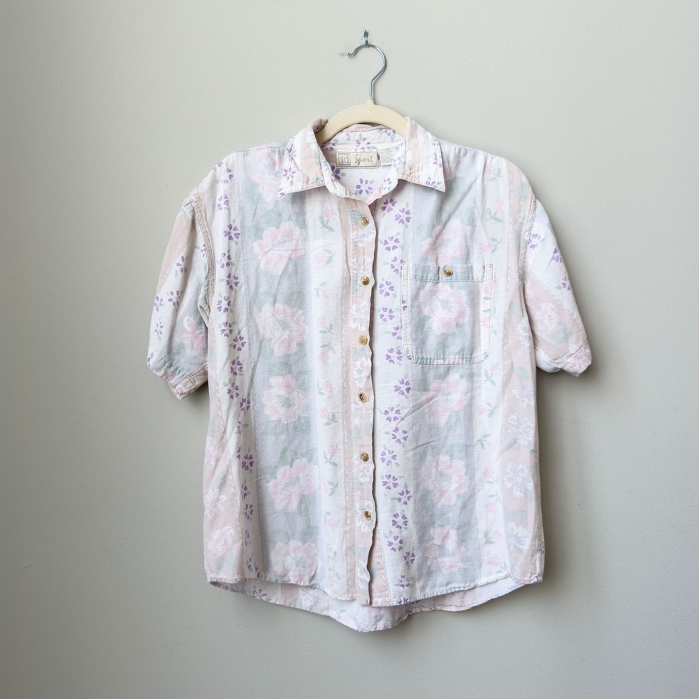 Women's ID Sport VTG 80's Cottage Cotton Linen Blouse Casual Pastel Floral